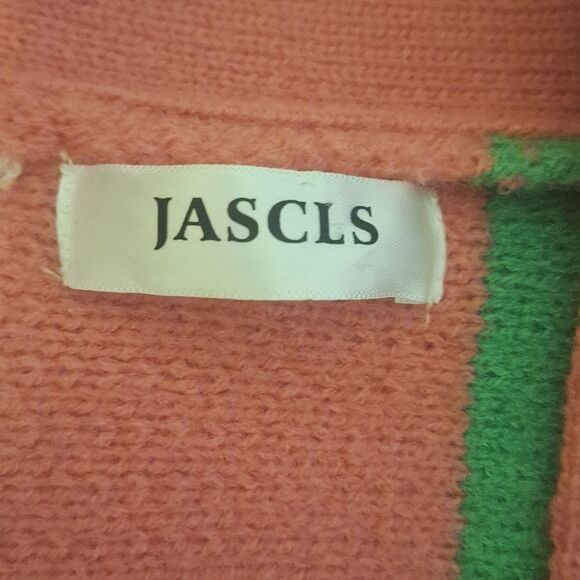 Jascls pink green striped thick knit colorblock cardigan sweater One size - Picture 4 of 5